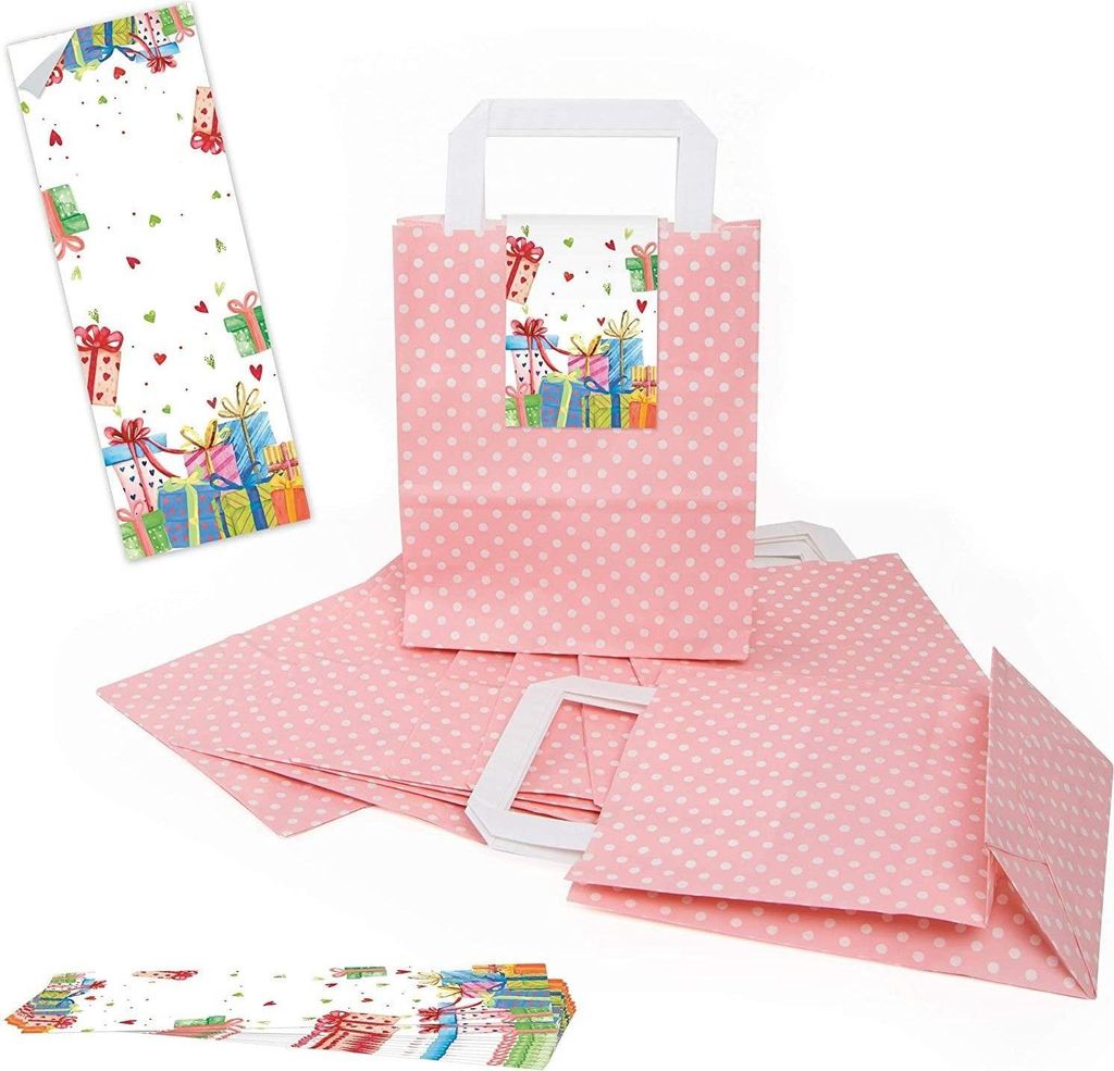 Logbuch-Verlag 5 Papiertüten rosa weiß gepunktet mit Henkel + lange Aufkleber m. bunten Geschenken Herzen - Geschenkverpackung Mitgebseltüte Kin...