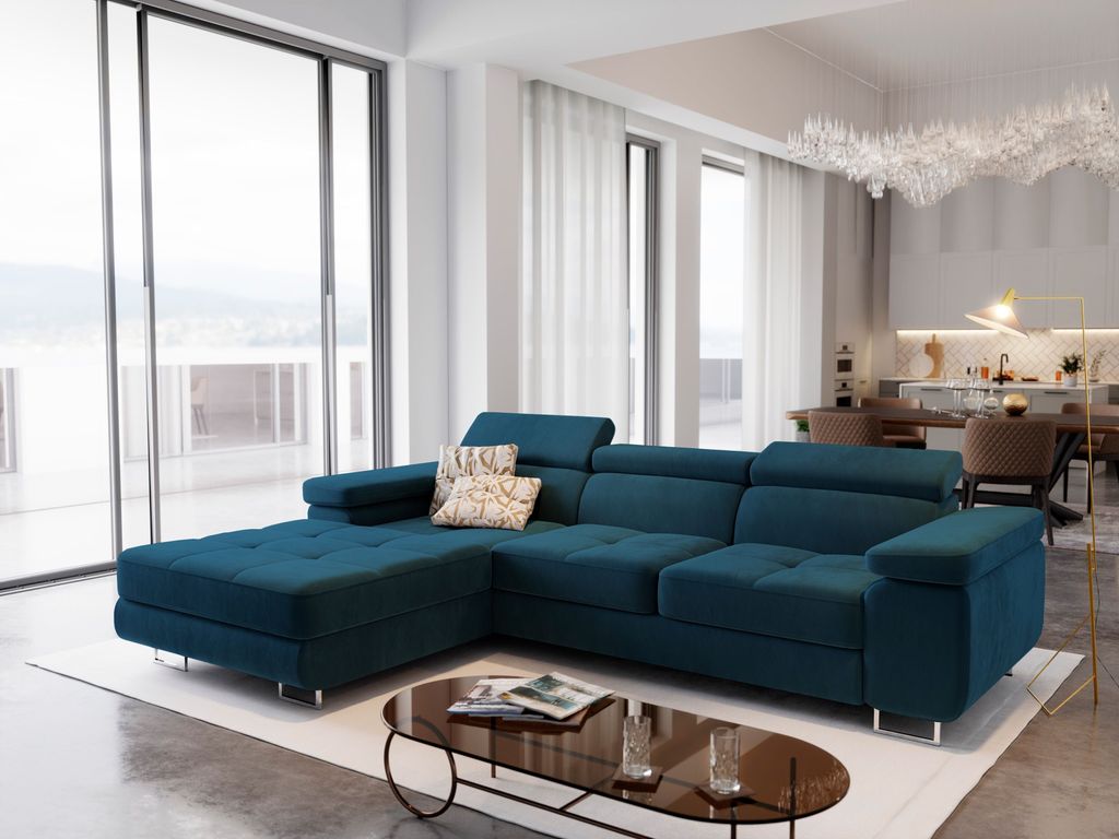Masseno Ecksofa ELMA L-S mit Schlaffunktion L-Form, Sofa mit Bettkasten, Wohnzimmersofa, Couch, Soffa, Bettsofa, Couchgarnitur- Blau, MONOLITH 77