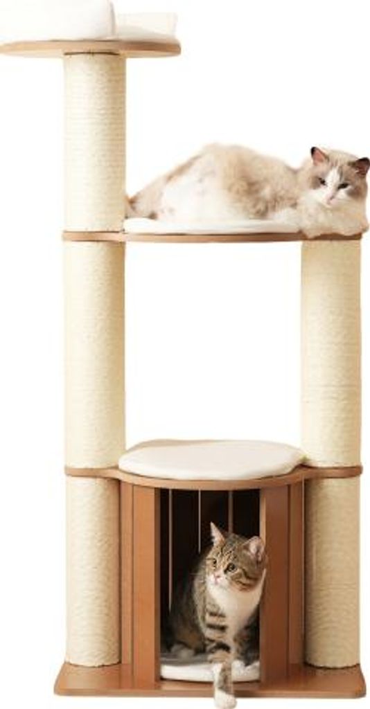 Katzenkratzbaum 60x48x135cm Braunweiss Kletterbaum XXL Stamm stabiler 3 Plattformen 1 Katzenhaus 12cm dicke Staemme herausnehmbare Matten Kippschutz