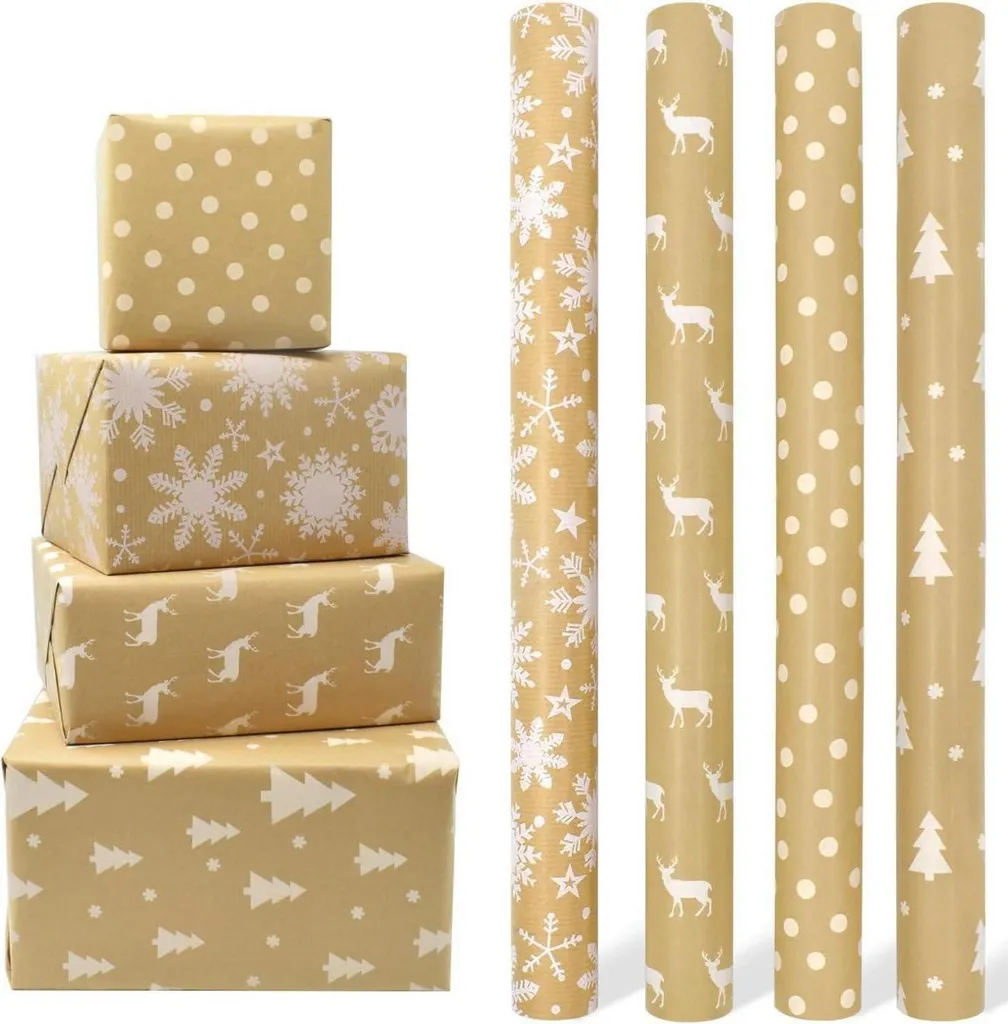 Carta Regalo Natalizia Kraft Riciclata 43cm x 3m | 4 Rotoli Vintage