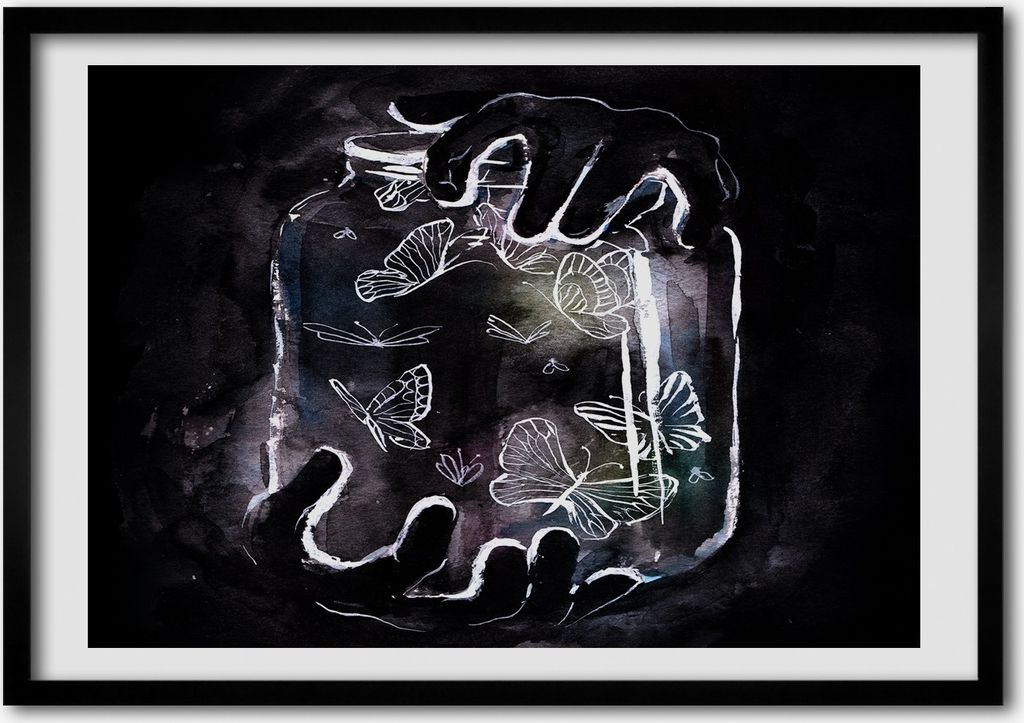 Bild - Bilder - Bilderrahmen - 70 cm x 50 cm - MDF-Rahmen, Wandkunst Schmetterlinge in einem Glas