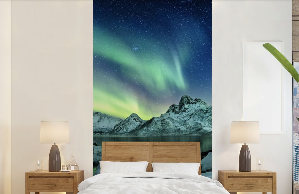 MuchoWow Fototapete für Wohnzimmer oder Schlafzimmer Wandtapete Vinyl Motivtapete Meer - Eis - Nordlicht - Winter - Natur - 120x240 cm - Hinterg...
