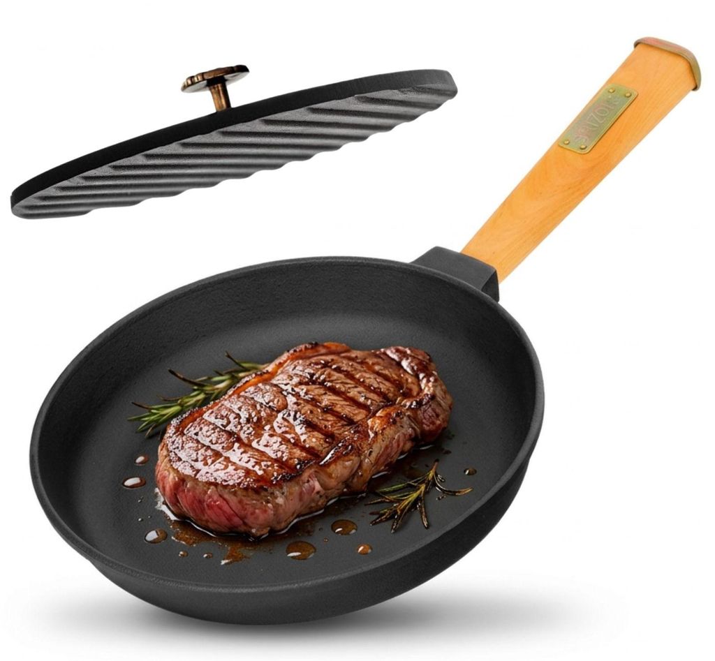 Gusseisenpfanne 20 cm mit Grillpresse Pfanne Holzgriff Gusseisen Gusseisenpfanne Bratpfanne Steakpfanne Fleischpresse Cast Iron Pan Feuerpfanne Ind...