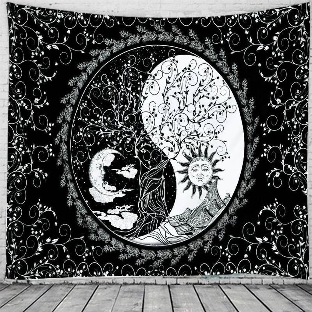 Sonne Und Mond Wandteppich Schwarz Und Weiß Brennender Sonnengott Mit Sternen Wandteppich Psychedelischer Wandteppich Für Schlafzimmer Wohnzimmer...