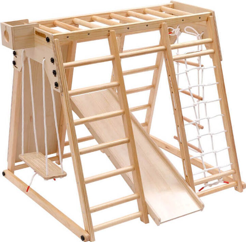 HOME DELUXE - Indoor Klettergerüst LIO - Kiefernholz, 121 x 112 x 121 cm, inkl. Tonieboxhalterung, Rutsche, Kletterwand und Schaukel I Kletterwand...