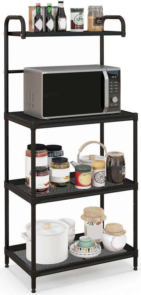 A black metal kitchen rack with a microwave and various jars and containers on its shelves.