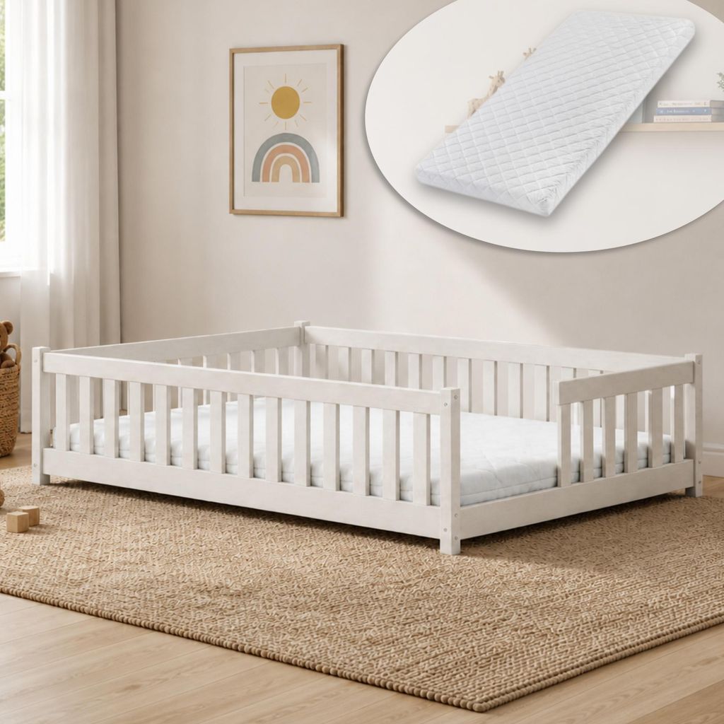 Kinderbett Bodenbett mit Rausfallschutz Lattenrost und Matratze Montessori Bett Bed Gitterbett Kinder Jugendbett Einzelbett | 90x200 cm | Baumwolle
