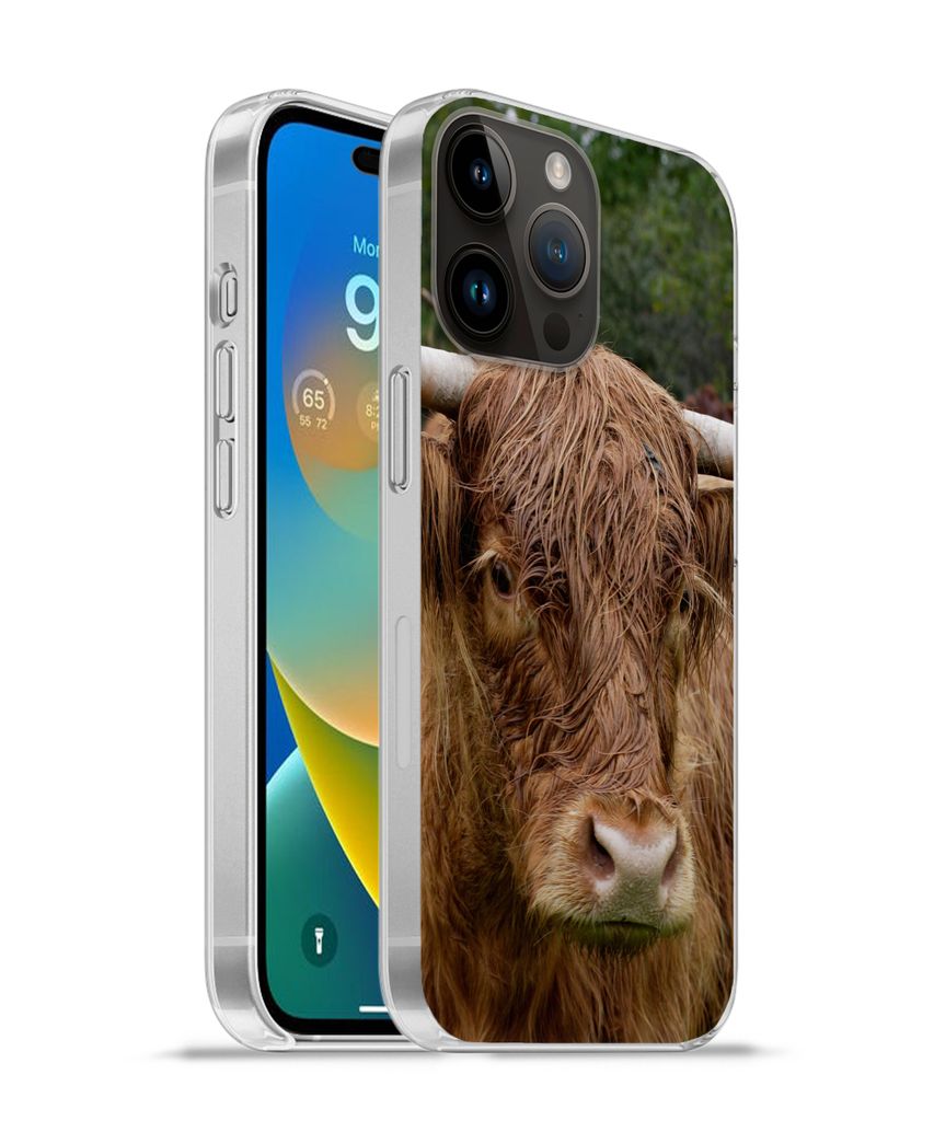 MuchoWow Handyhülle Schutzhülle Hülle für Apple iPhone 14 Pro - Softcase Schottische Highlander - Tiere - Gras Silikon Softcase Handy Hülle ...