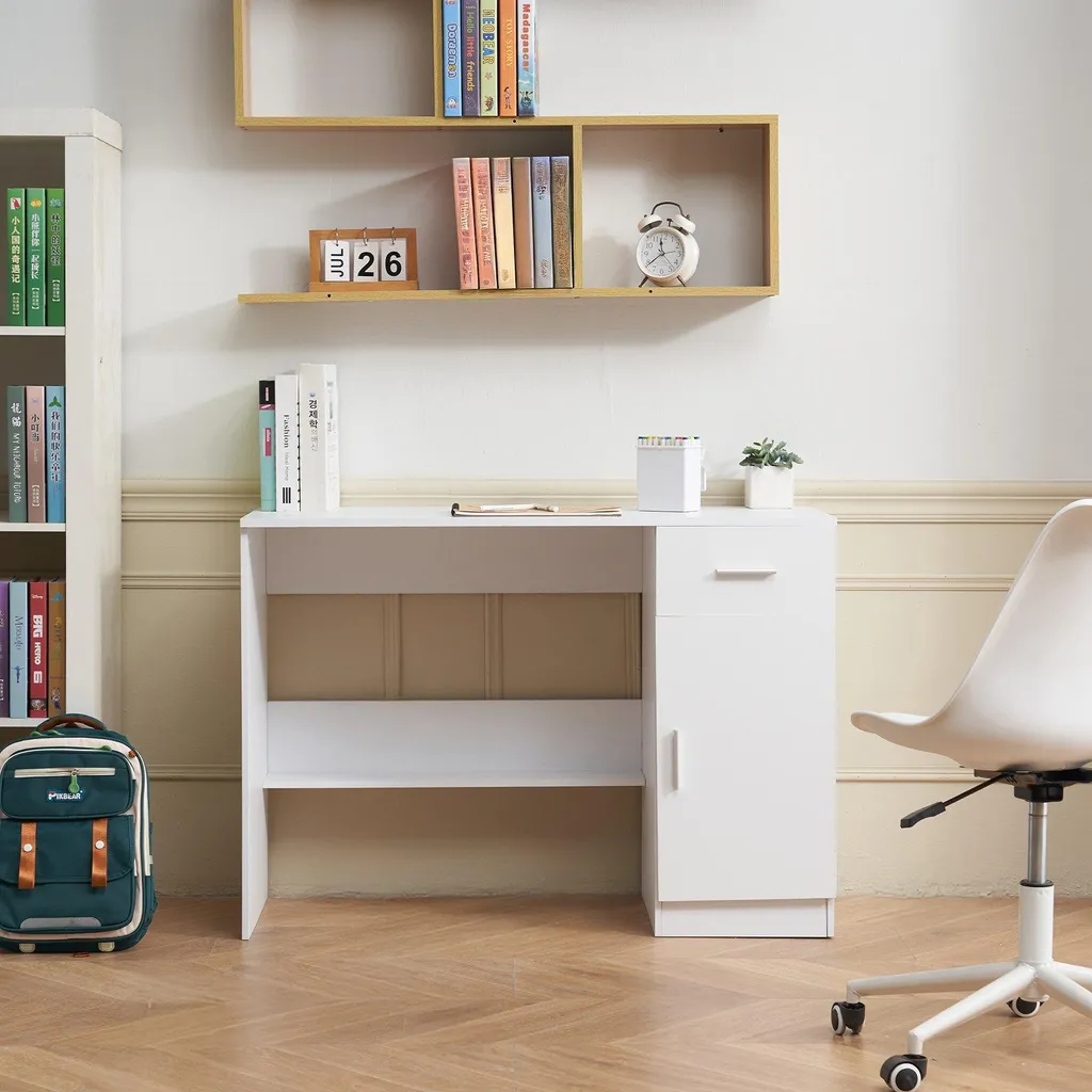 Table de bureau blanche rectangulaire avec étagère modulable en bois MDF - 8