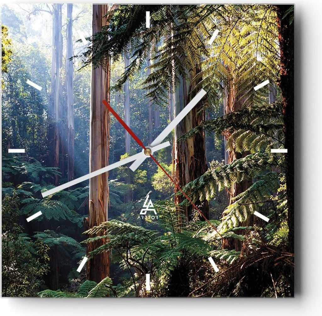 Wanduhr - Quadrat - Glasuhr - Morgendämmerung Bäume Wald - 40x40cm - Schleichendes Uhrwerk - Lautlos - zum Aufhängen bereit - Dekoration Modern ...