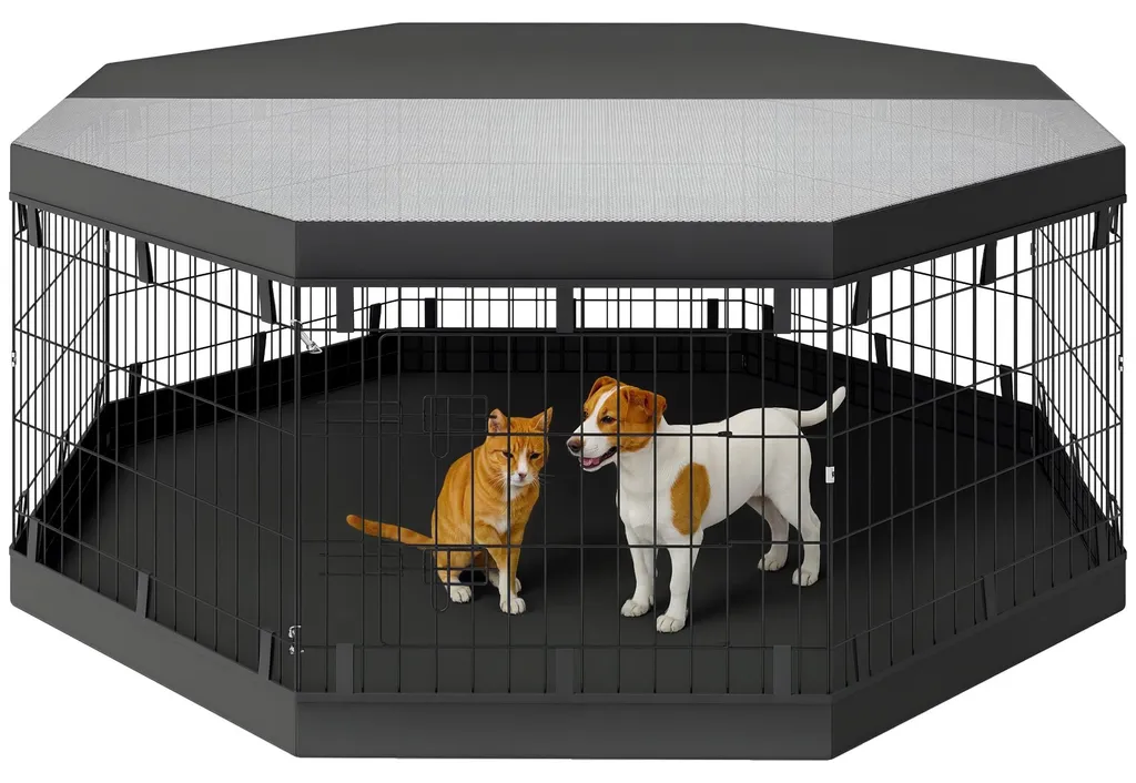 Parc chiot anti-évasion 8 panneaux acier pliable noir intérieur 61 cm