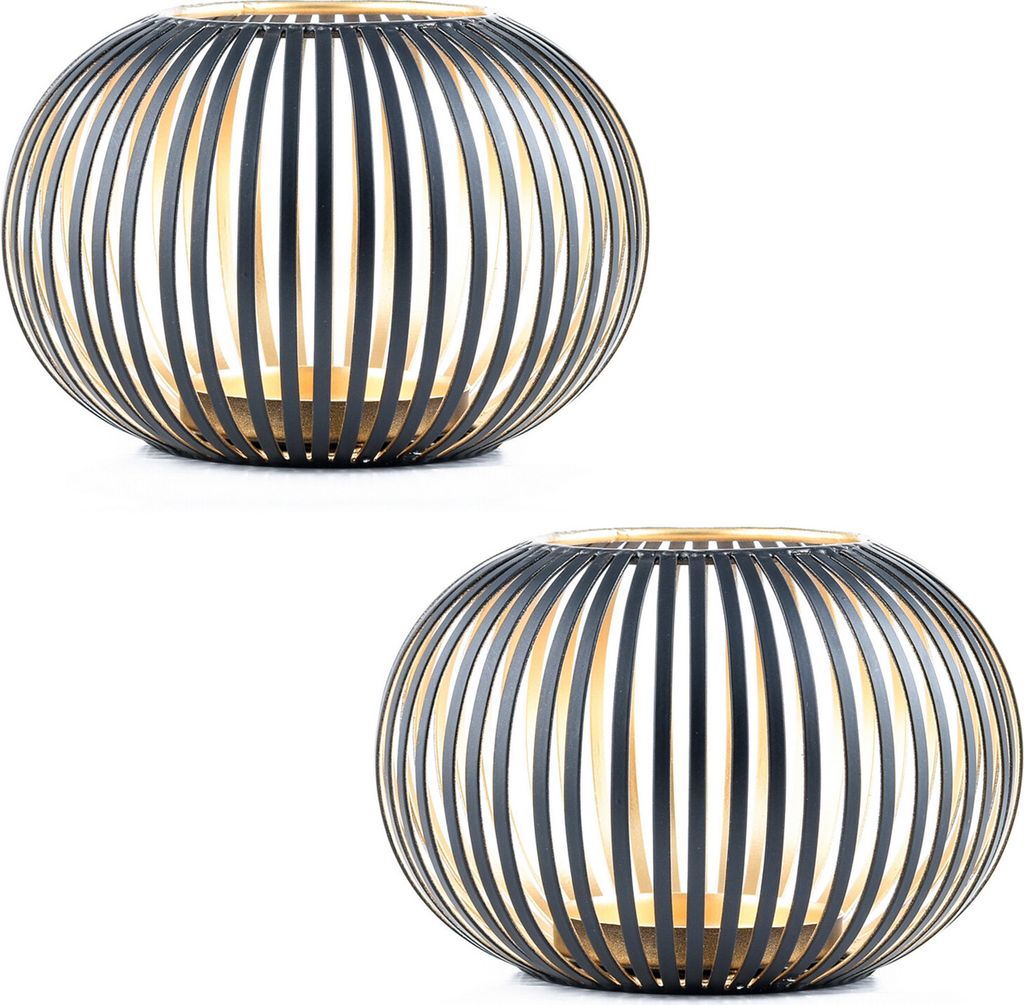 Marrakesch 2er Set Moderne Teelichthalter 17cm Schwarz & Gold innen aus Metall Deko Windlicht Amund als Hochzeitsdeko Tischdeko
