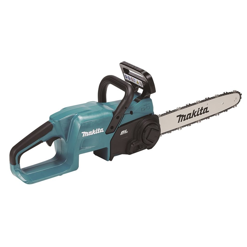 A teal and black Makita cordless chainsaw is shown against a white background.