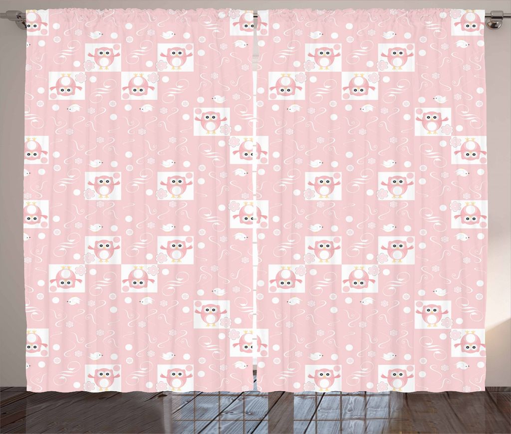 ABAKUHAUS Eulen Rustikaler Gardine, Rosa Eulen Vögel Floral, Schlafzimmer Kräuselband Vorhang mit Schlaufen und Haken, 280 x 245 cm, Pale Pink Weiß