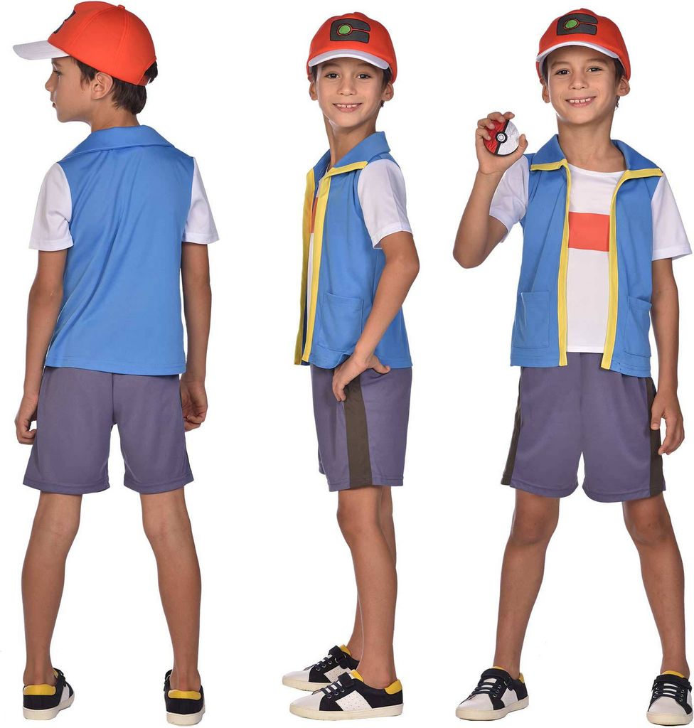A young boy is shown from multiple angles wearing a Pokemon Ash Ketchum costume.