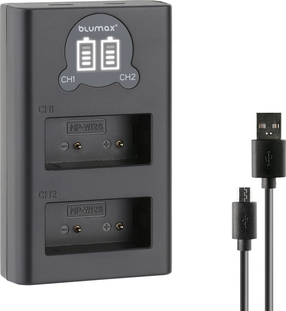 Blumax Dual LCD Ladegerät | für Fuji NP-W126 Laden über USB-C oder Micro-USB