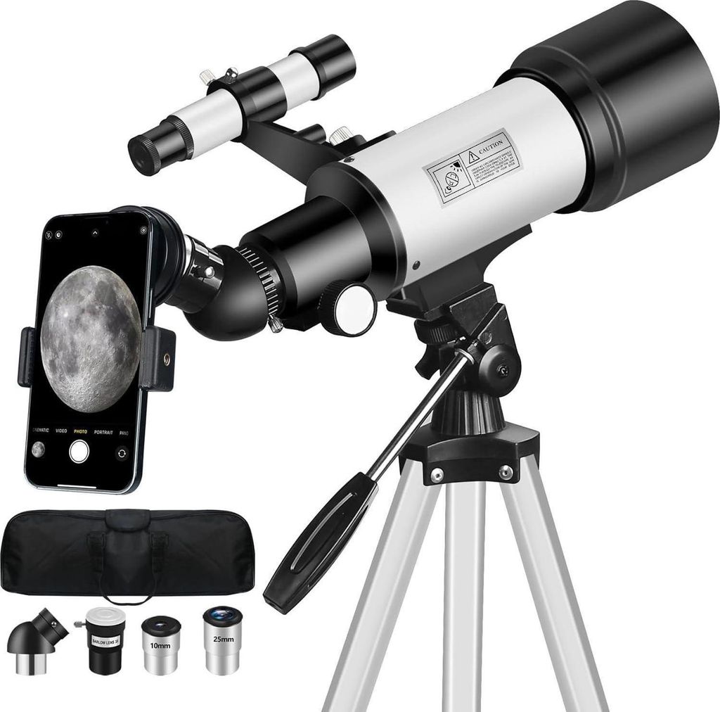 Teleskop Astronomie 70/400mm für Anfänger mit Stativ und Produktbild 
