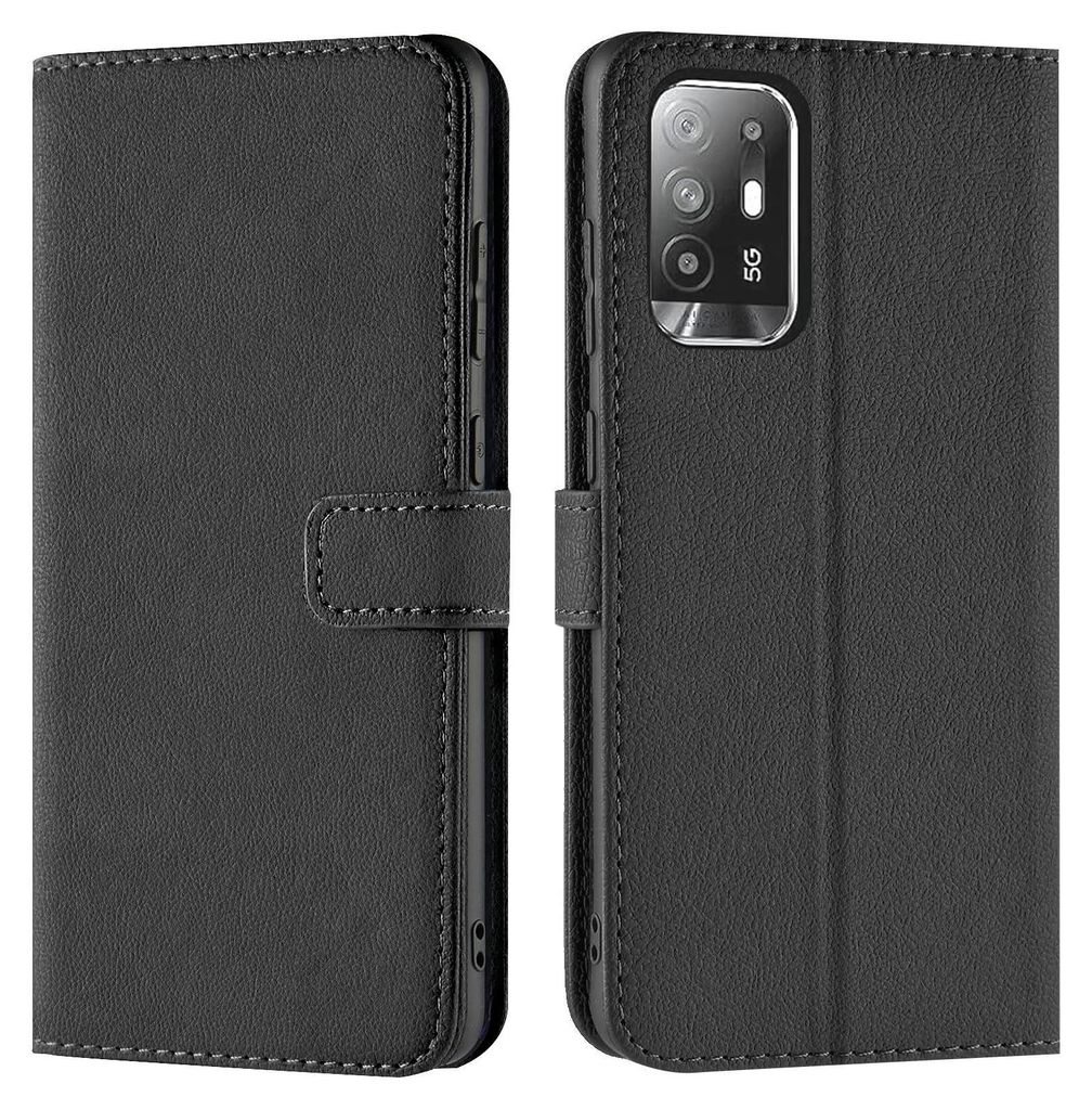 A black book-style phone case is shown from the front and back.