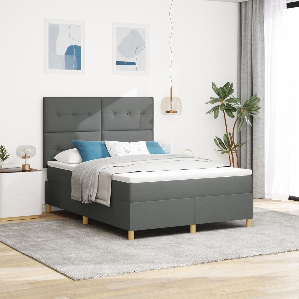 Design new LED Polsterbett Boxspringbett mit Matratze Dunkelgrau 140x190 cm Stoff - Bettrahmen - Klassische Betten cloris64444
