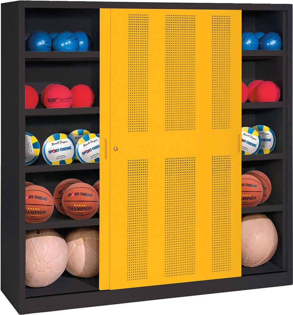 C+P Ballschrank mit Lochblech-Schiebetüren (Typ 4), HxBxT 195x190x60 cm, Verkehrsgelb (RAL 1023), Anthrazit (RAL 7021), Gleichschließung