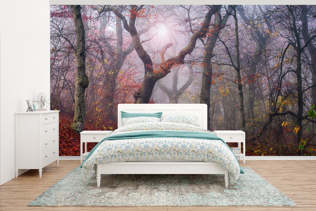 MuchoWow Fototapete für Wohnzimmer oder Schlafzimmer Wandtapete Vinyl Motivtapete Blätter - Sonne - Wald - Natur - 430x240 cm - Gemustert