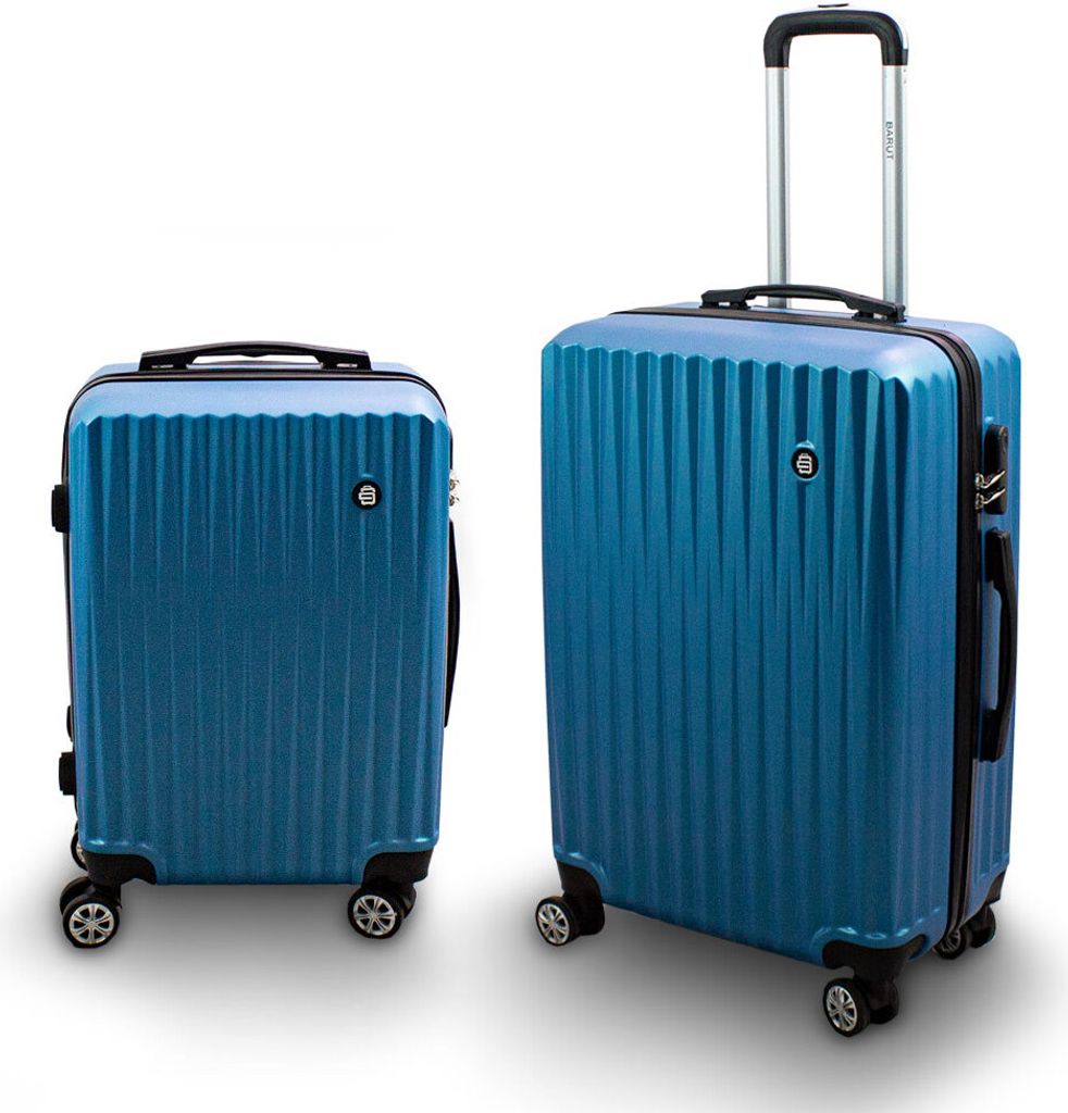 Two blue suitcases of different sizes are displayed against a white background.