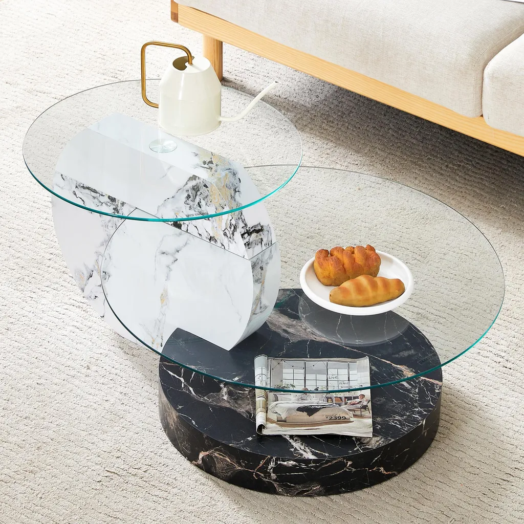 Table basse de salon bicolore à deux plateaux en verre et bois MDF