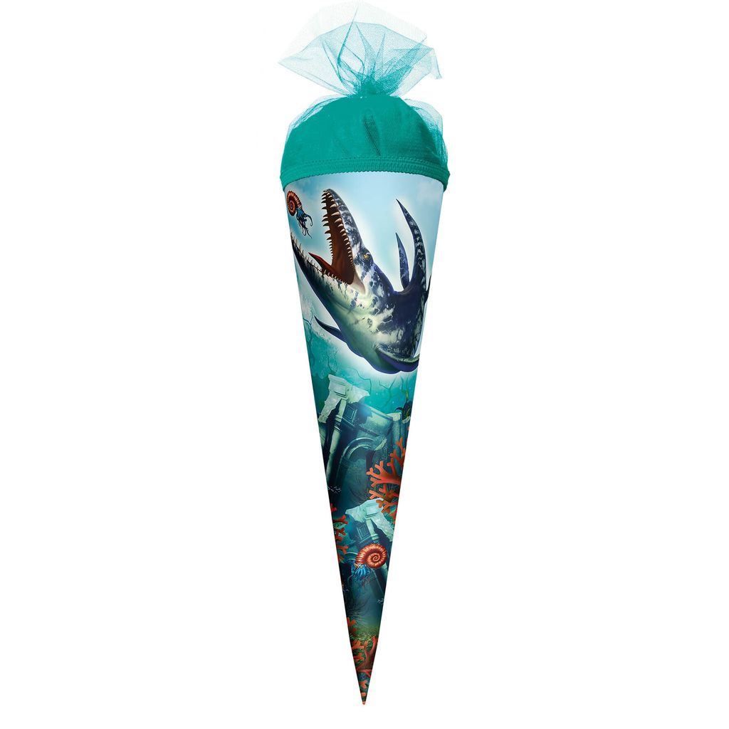 ROTH Geschenk-Schultüte klein Dino Mosasaurus 50 cm rund Tüllverschluss Zuckertüte Schulanfang