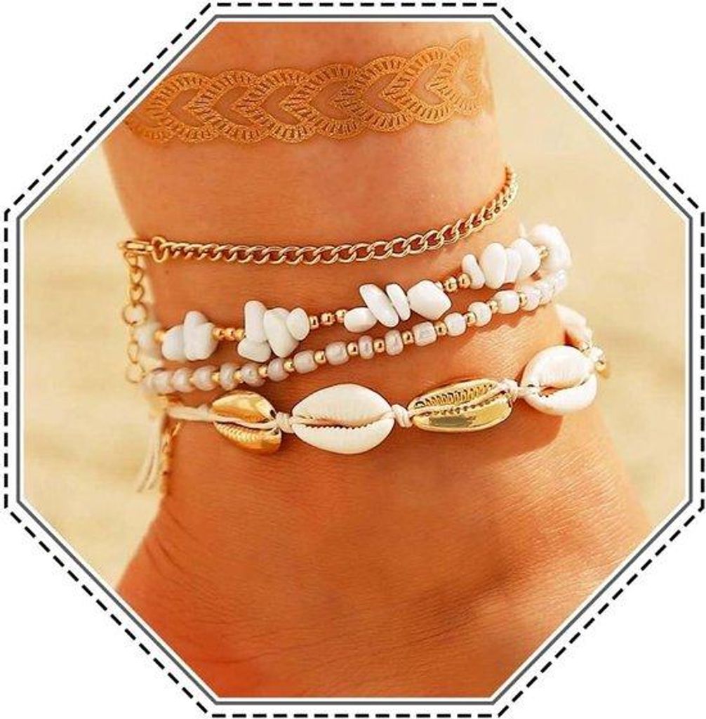 Boho Gelaagde Enkelbandjes mit Muscheln - Gold - Strand-Fuß-Schmuck - Verstelbar - Frauen und Mädchen - Set aus 4 Teilen