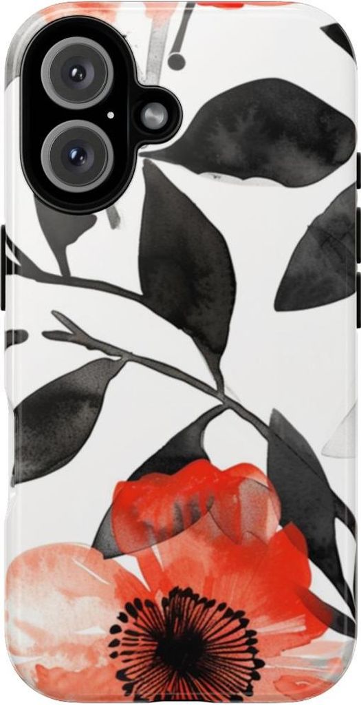 Rotes und schwarzes Aquarell-Blumenmuster – Hülle Kompatibel mit iPhone 16