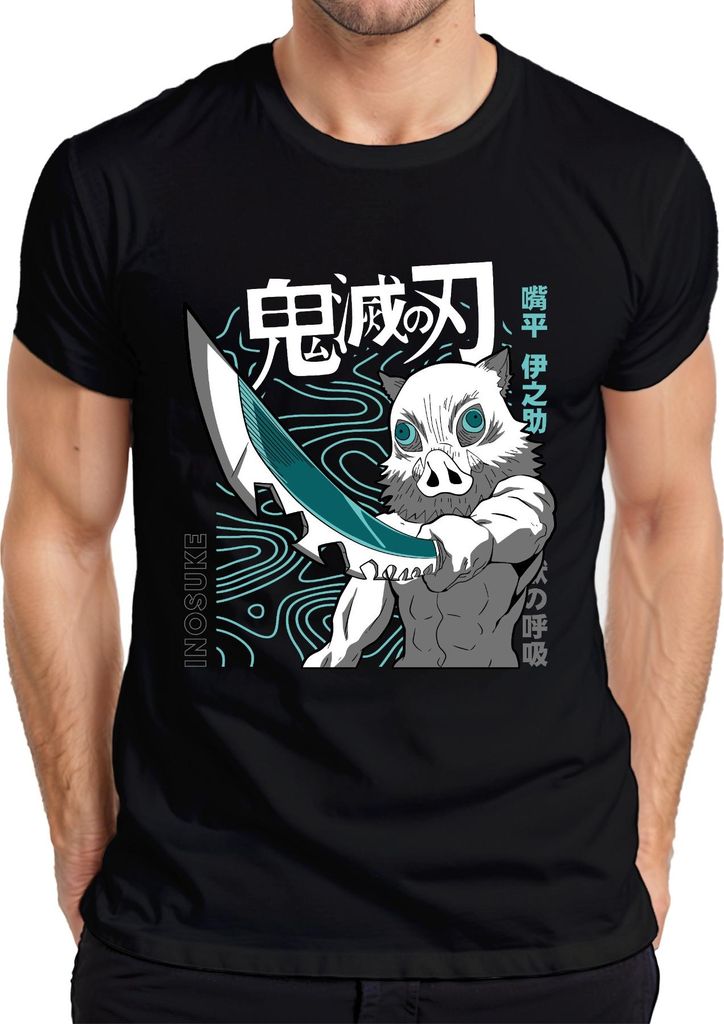 Inosuke Dämonenjäger Anime Ebermaske Schwert Manga Fan Geschenk Herren T-Shirt, Schwarz, L
