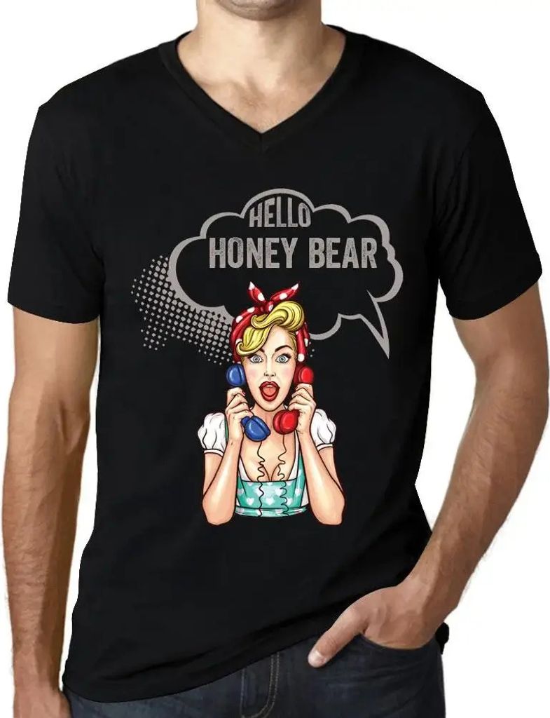 Herren Grafik T-Shirt V-Ausschnitt Hallo Honigbär – Hello Honey Bear – Öko-Verantwortlich Vintage Jahrgang Kurzarm Lustige Druck Geburtstag G...