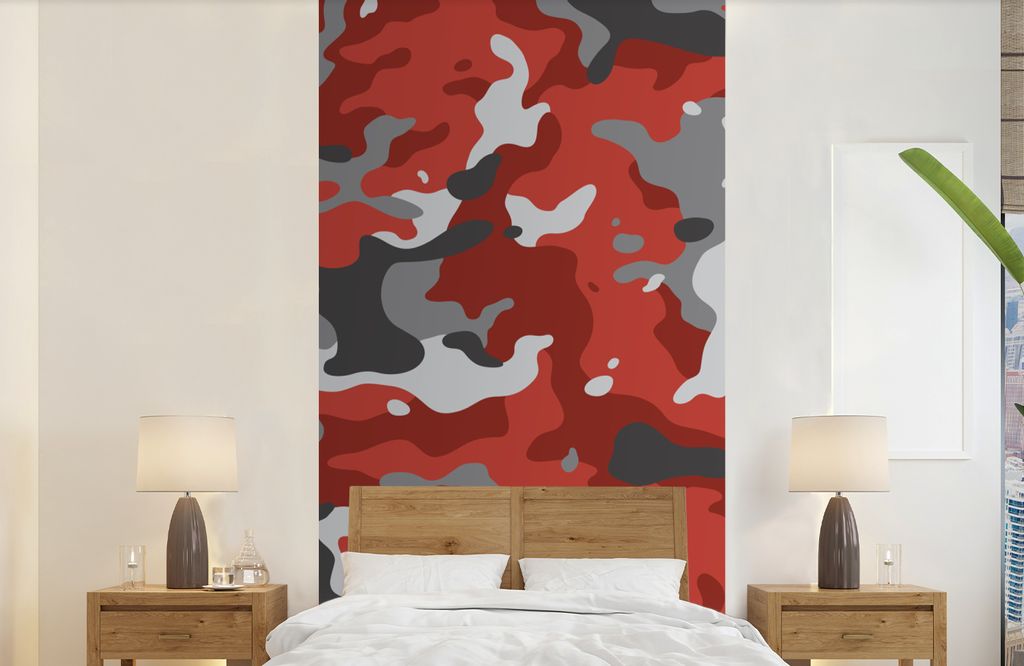 MuchoWow Fototapete für Wohnzimmer oder Schlafzimmer Wandtapete Vinyl Motivtapete Rot mit grauem Camouflage-Muster - 120x240 cm - Hintergrundbild