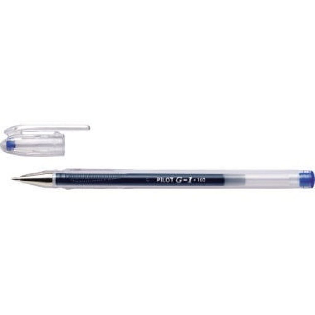 A blue gel pen with its cap off, lying on a white background.