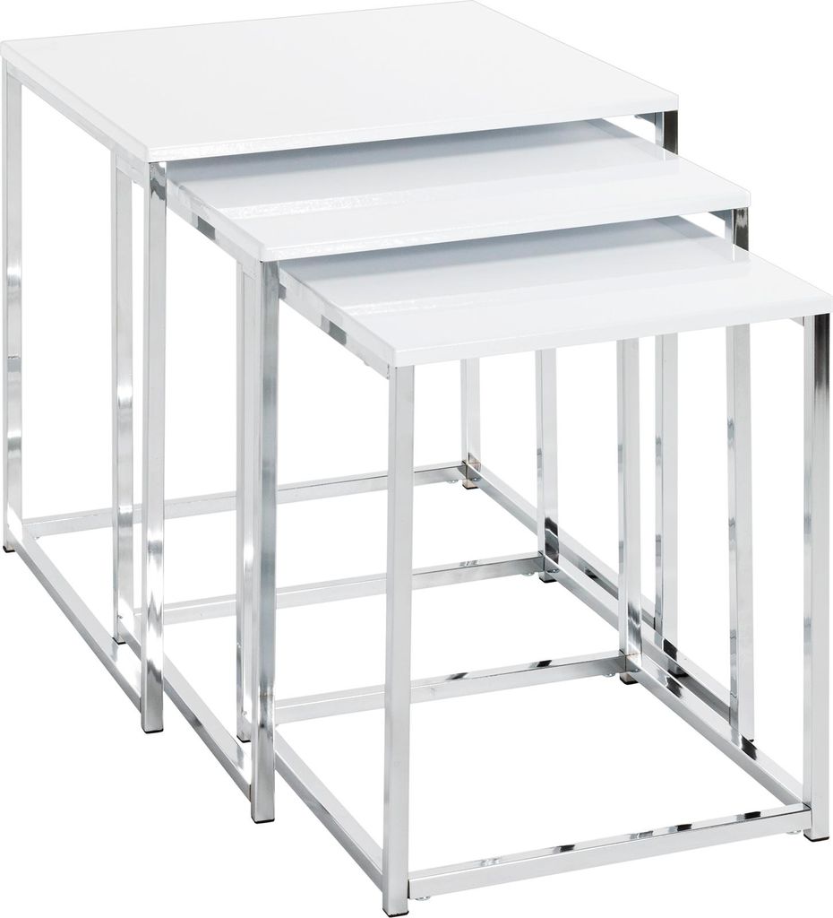 HAKU Beistelltisch Couchtisch 3er Set chrom, weiß - MDF, Metall, B/H/T: 29/34/39x36/39/42x29/34/39 cm