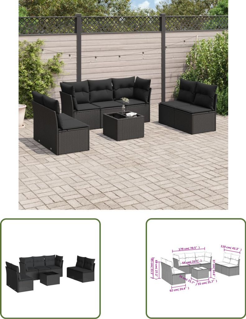 The Living Store 8-tlg. Garten-Sofagarnitur mit Kissen Schwarz Poly Rattan