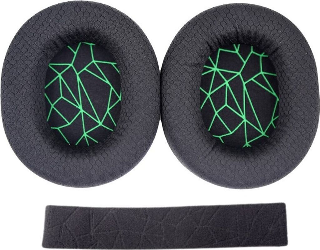 Two black ear pads with a green geometric pattern and a black headband pad are laid out on a white background.