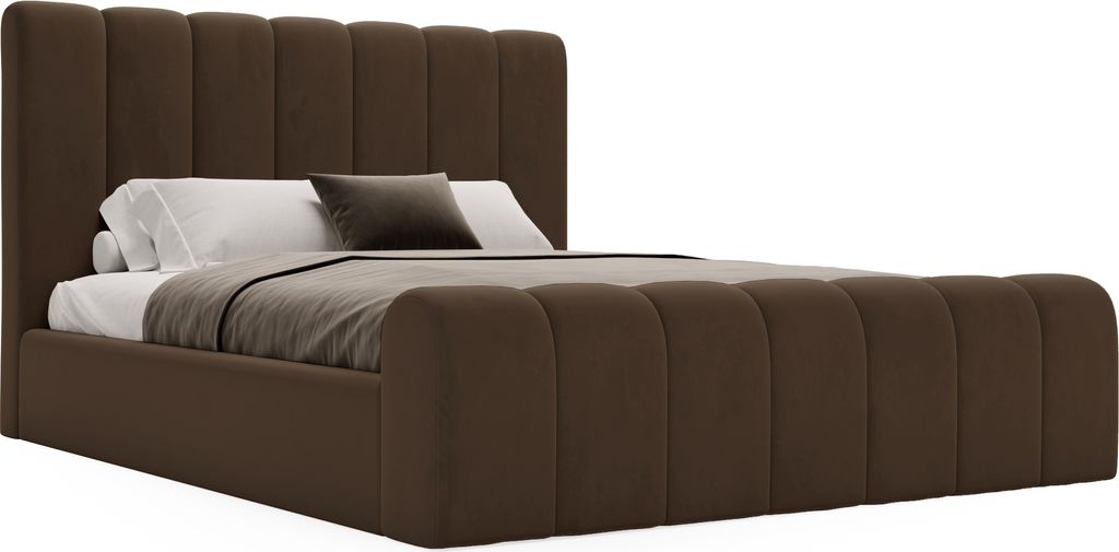 Polsterbett 160x200 Valetta - Doppelbett mit Samtstoff - Bettkasten, Metall Lattenrost & Kopfteil - Braun