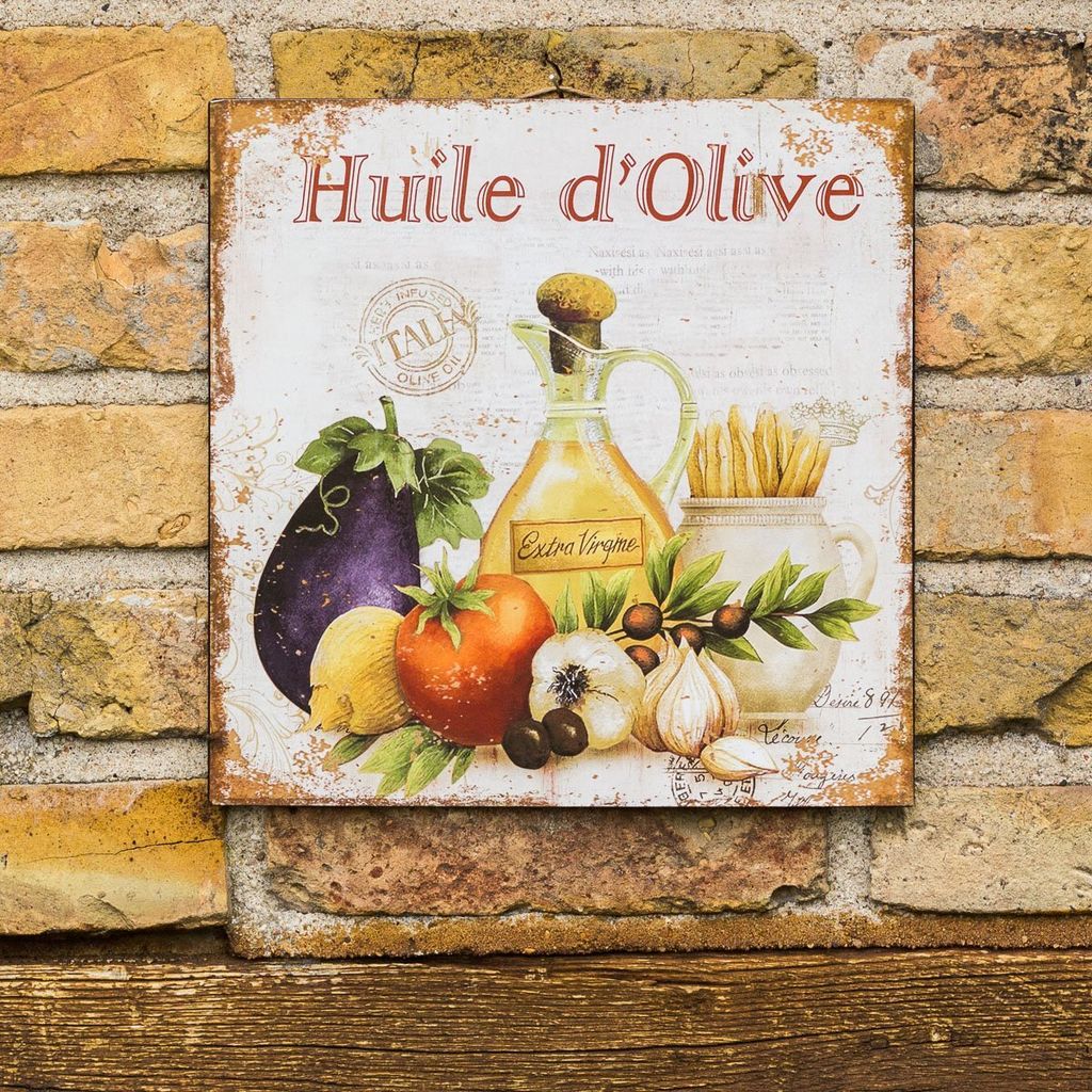 Olivenölmotiv als Wandbild Blechschild mit Italienischen Spezialitäten rustikal