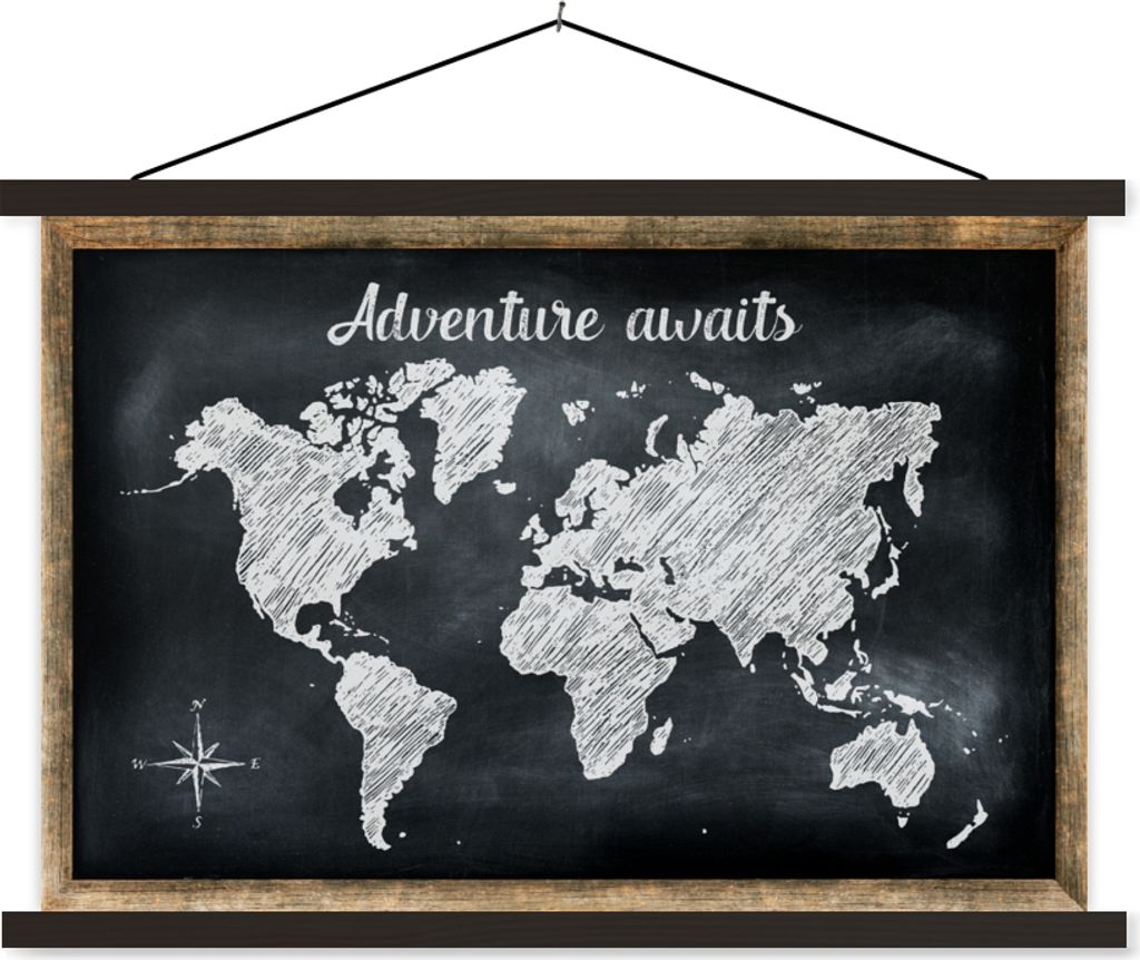MuchoWow Textilposter Weltkarte - Kreidetafel - Weiß 150x100 cm mit schwarzem Rahmen - Schlafzimmer