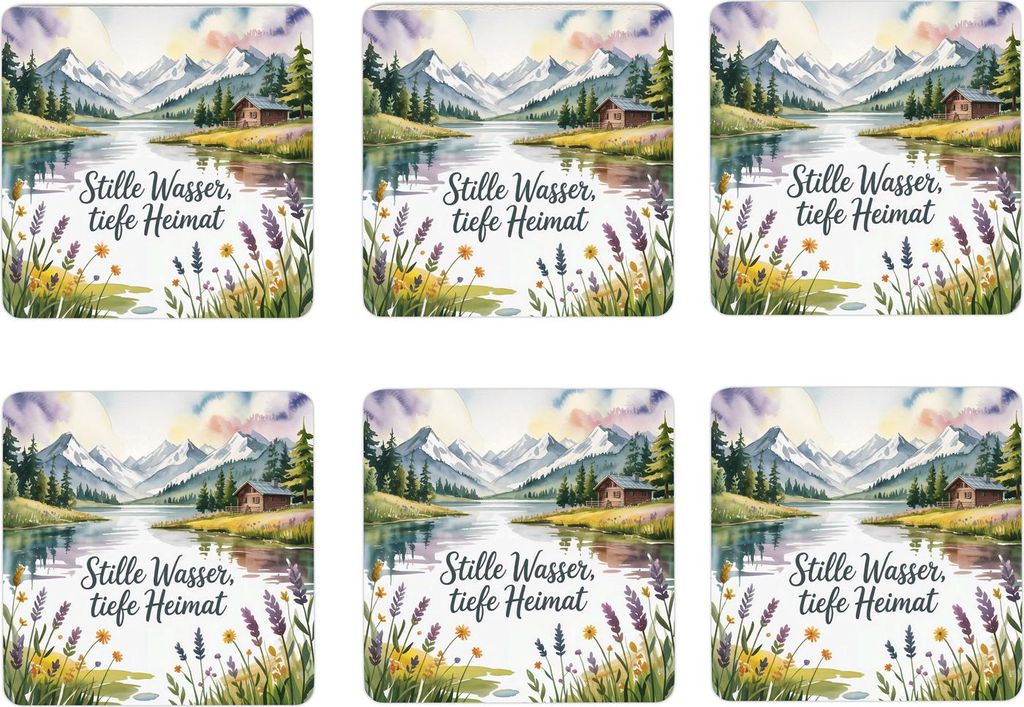 Allgäu Bergsee 6er Set Untersetzer aus Holz - Stille Wasser, tiefe Heimat