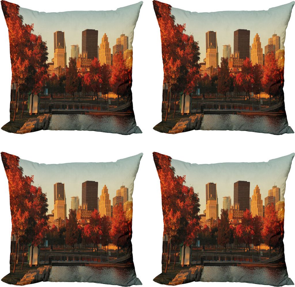 ABAKUHAUS Stadt Kissenbezug Set (4 Stück), Old Port Montreal Morgen, Moderner Doppelseitiger Digitaldruck, 40 cm x 40 cm, Rot Orange Braun