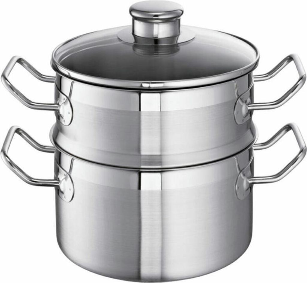 A stainless steel steamer pot with a glass lid, shown against a white background.
