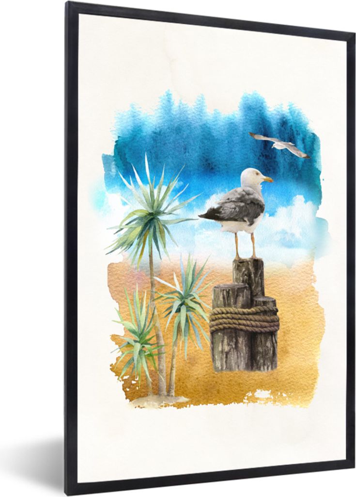 MuchoWow MuchoWow Gerahmtes Poster Vogel - Baum - Strand - Aquarell 20x30 cm - Poster mit zchwarzem Bilderrahmen - Drucken - Bilder Poster im R...