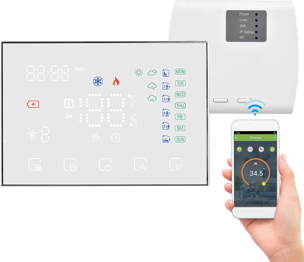 A digital thermostat and its companion app are displayed on a white background, with a smartphone showing the app interface.
