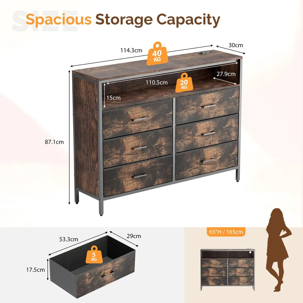 Commode 6 tiroirs avec prises intégrées USB et Type-C pour salon et chambre