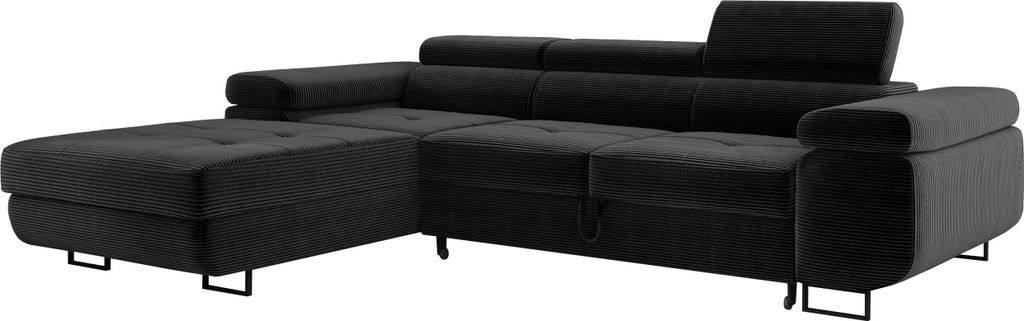 Wohnlandschaft mit Bettfunktion, Ecksofa Cord ADRIANO 202x277 cm, Eckcouch mit einstellbare Kopfstützen, Polsterecke, Sofa L - Links Schwarz PS135