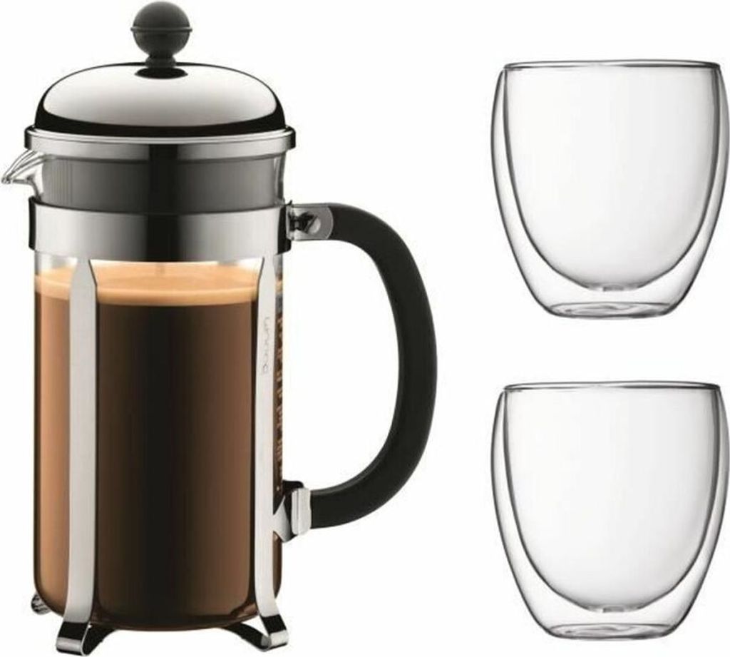 Bodum CHAMBORD Set Kaffeebereiter, 8 Tassen, 1.0 l und 2 doppelwandigen Gläser, 0.35 l, Polycarbonat, Edelstahl