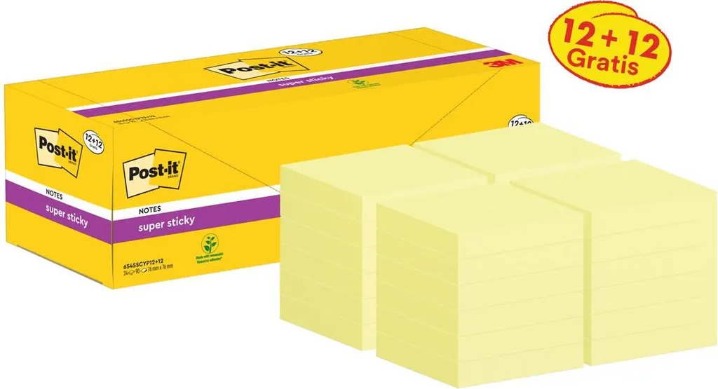 Post-it Super Sticky 76x76mm 24 Blocchetti Giallo - Pack Risparmio 12+12