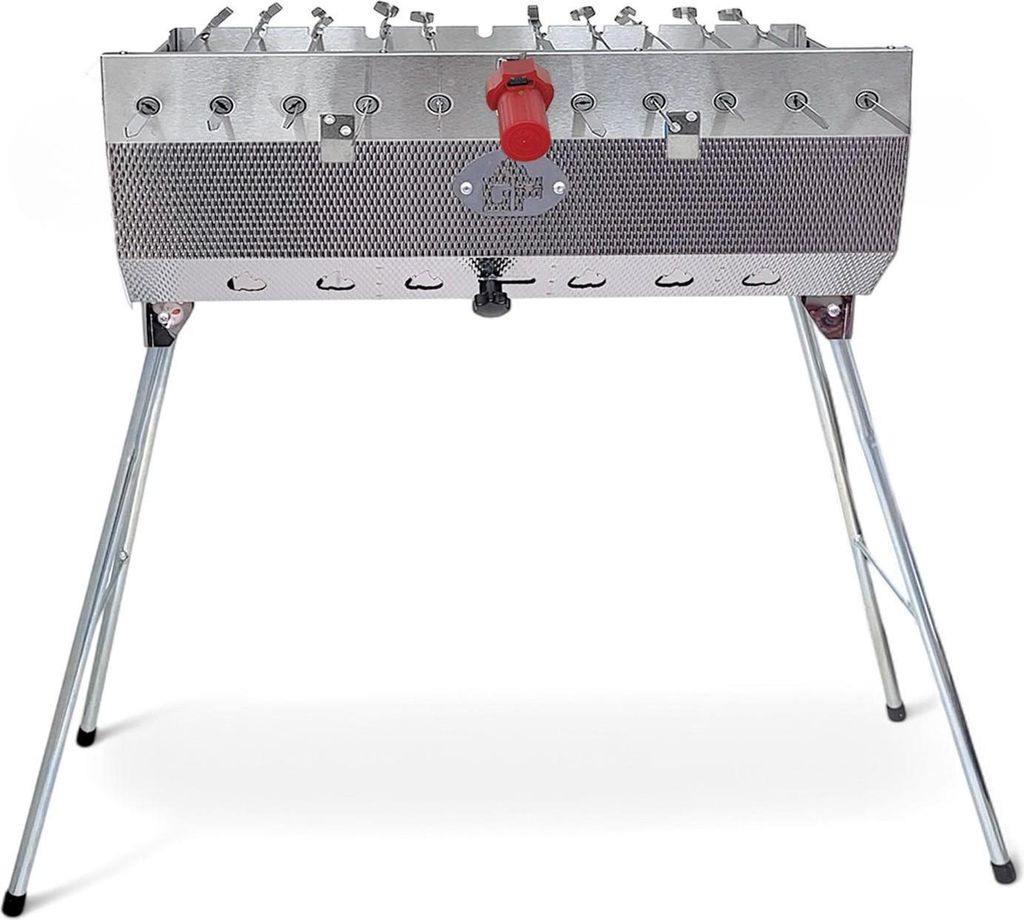 A stainless steel grill with foldable legs on a white background.